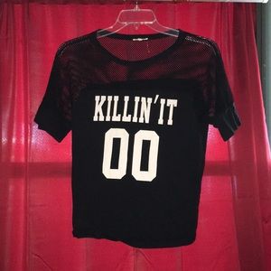 Black, with mesh t-shirt.